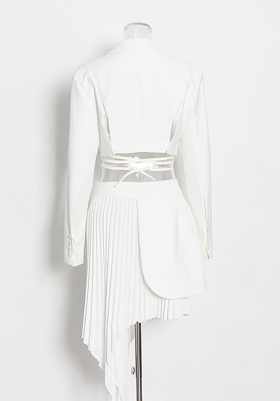 V-Neck Lace-Up Blazer + Solid Irregular Pleated Skirt