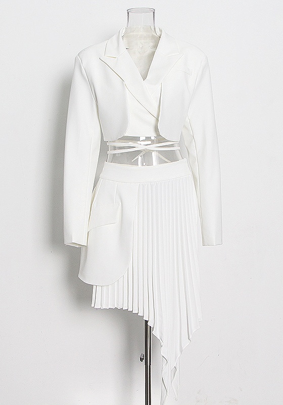 V-Neck Lace-Up Blazer + Solid Irregular Pleated Skirt