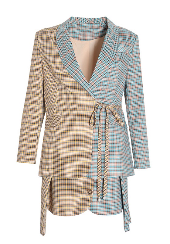 Plaid Temperament Blazer + Lacing A-Line Half-Body Skirt