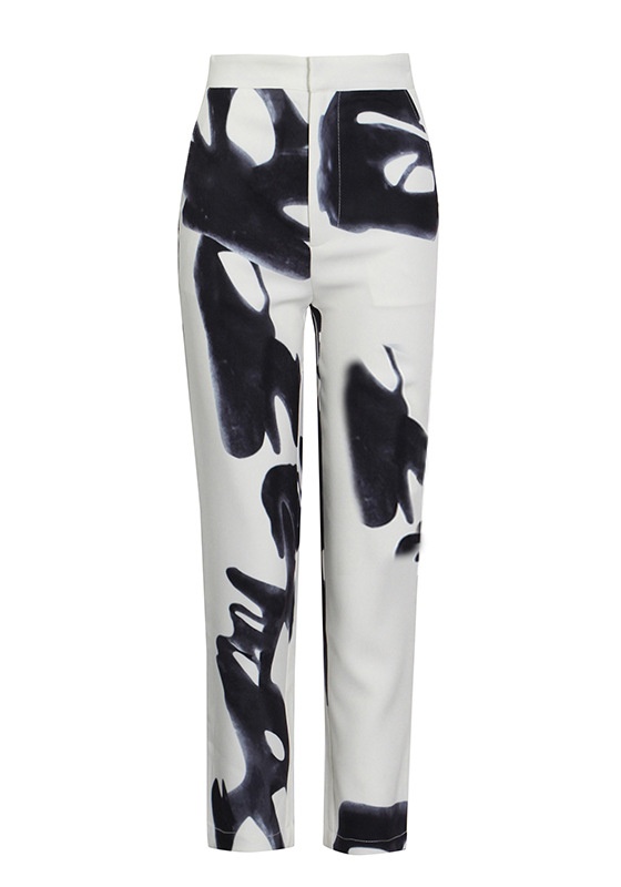 One Button Printed Jacket + High Waist Straight Pants
