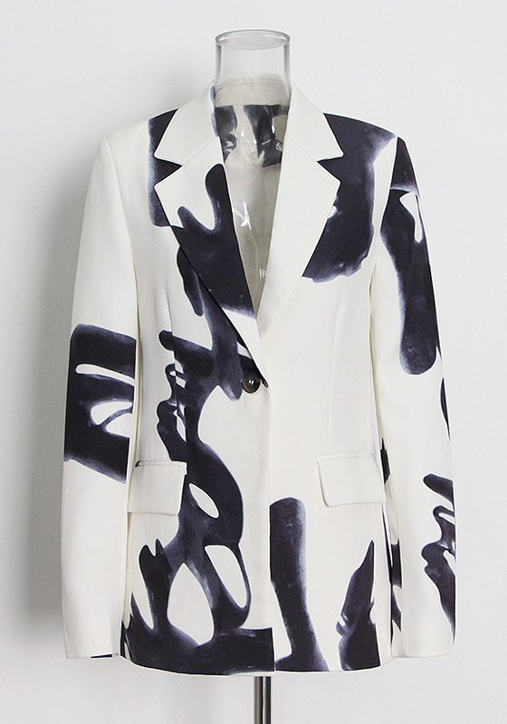 One Button Printed Jacket + High Waist Straight Pants