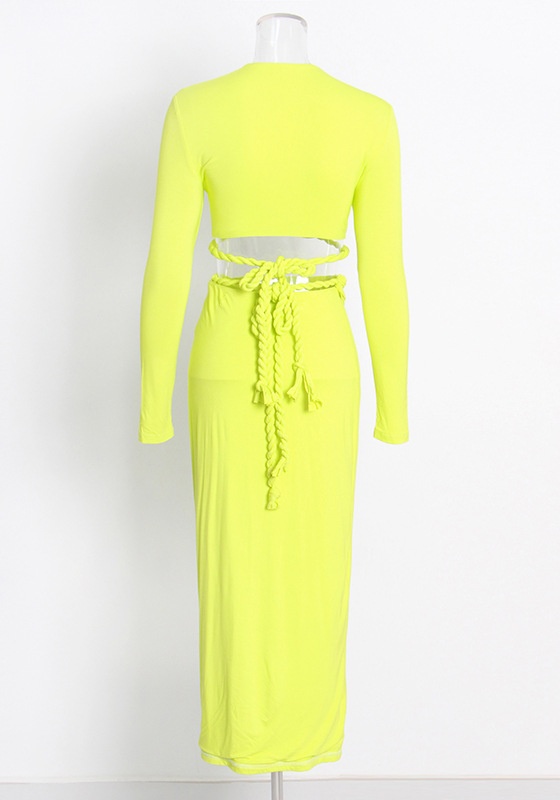 V-Neck Long-Sleeved Shirt High Waist Open Hip Skirt