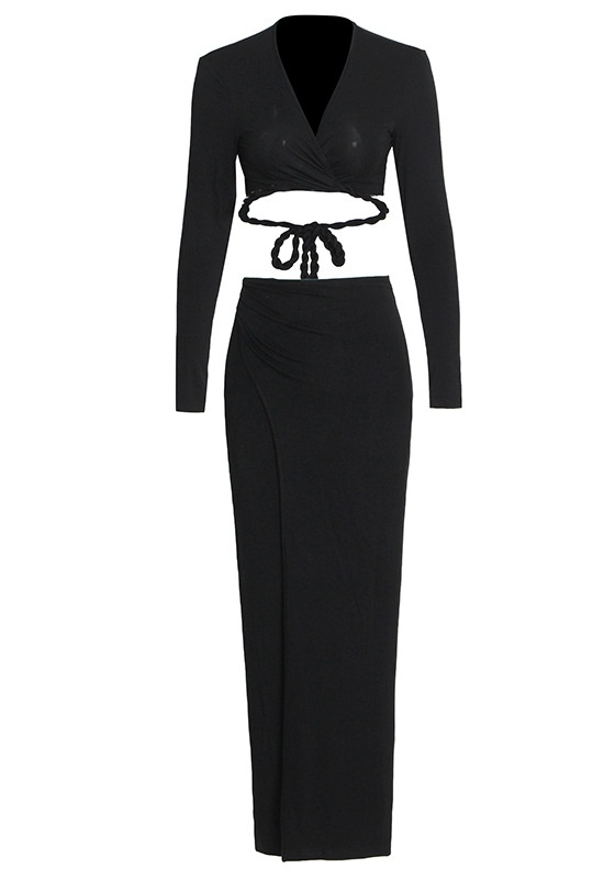 V-Neck Long-Sleeved Shirt High Waist Open Hip Skirt