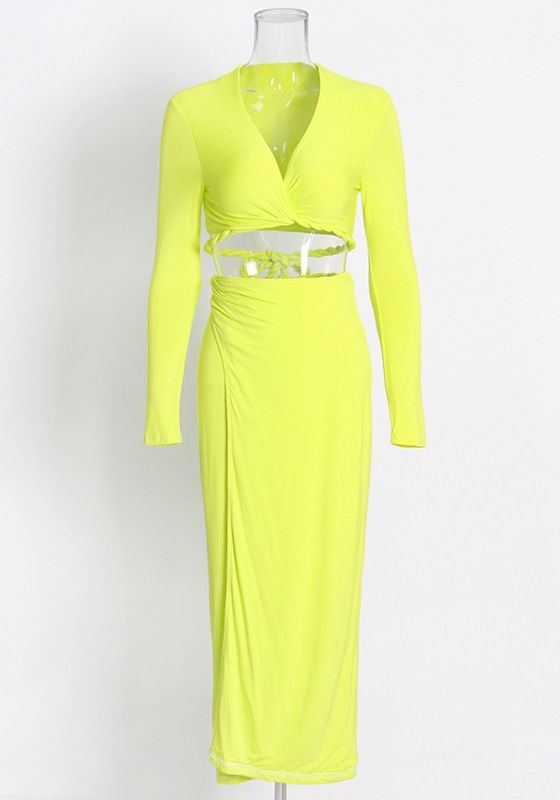 V-Neck Long-Sleeved Shirt High Waist Open Hip Skirt