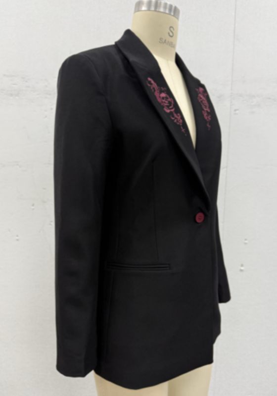 Lapel Embroidered Black Tailored Blazer