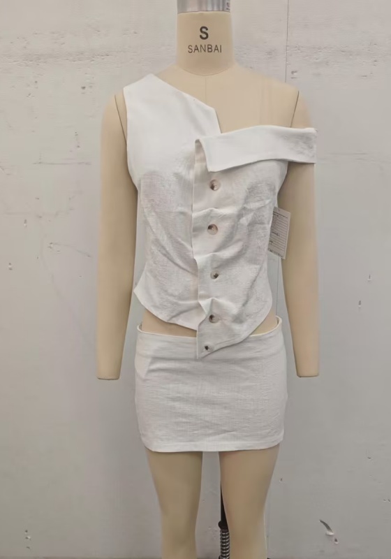 One Shoulder Button Skirt Set