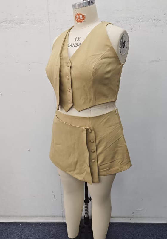 Khaki Vest and Asymmetric Skirt Set