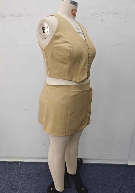 Khaki Vest and Asymmetric Skirt Set